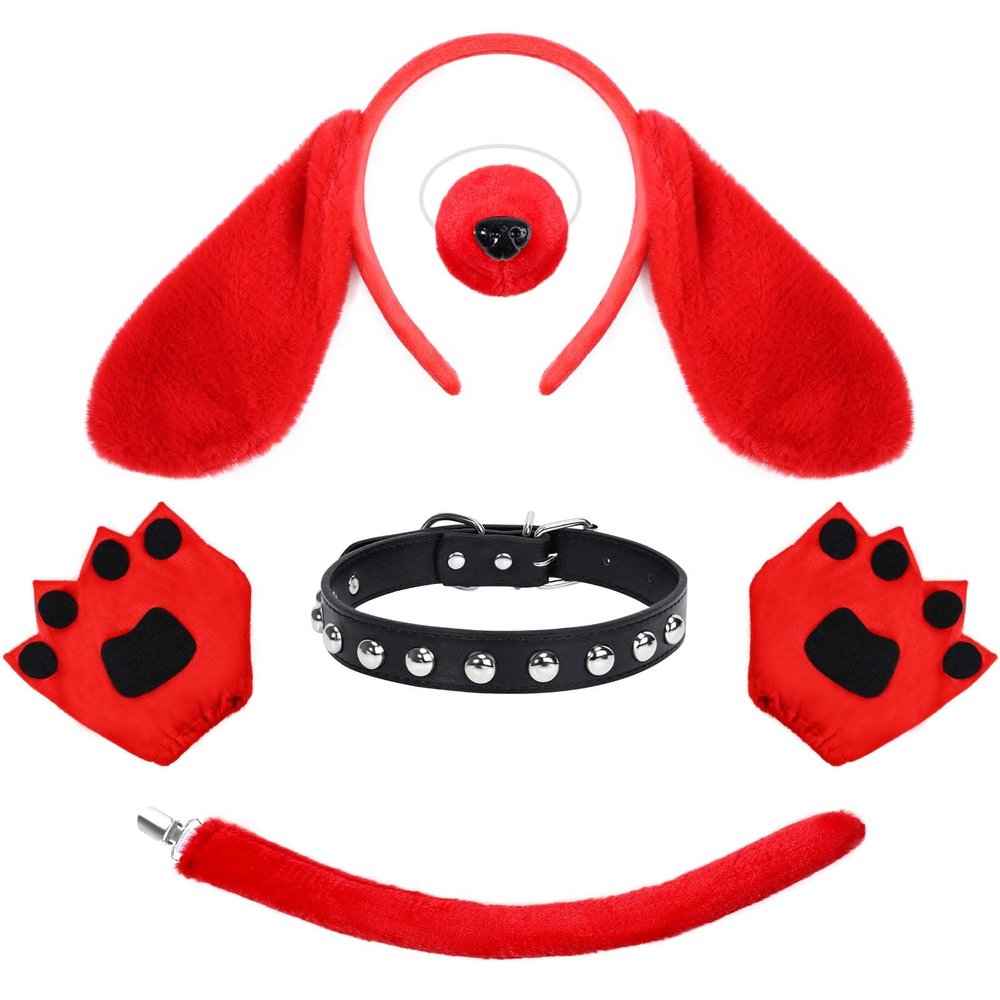 5Pcs Red Dog Book Character Costume Accessories Set Including Dog Ears Headband Nose Tail Gloves for World Book Day Cosplay Party Supplies