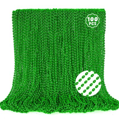 100PCS Bead Necklace, Green St Patricks Oval Beads Necklace Accessories, Mardi Gras St Patricks Xmas Necklaces, Festive Accessories for Christmas Mardi Gras St. Patricks Parade Throw Decorations