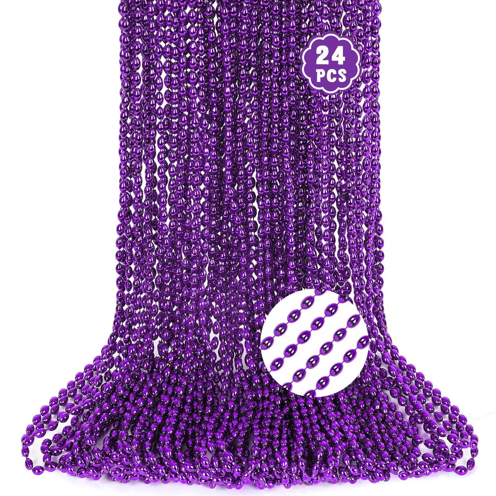 Bead Necklaces, 24PCS Purple Party Favors, Metallic 32" Oval Purple Mardi Gras Beads Necklaces Costume for Festival Parade Throw Accessories Halloween Mardi Gras Wedding Birthday Celebrations Decor
