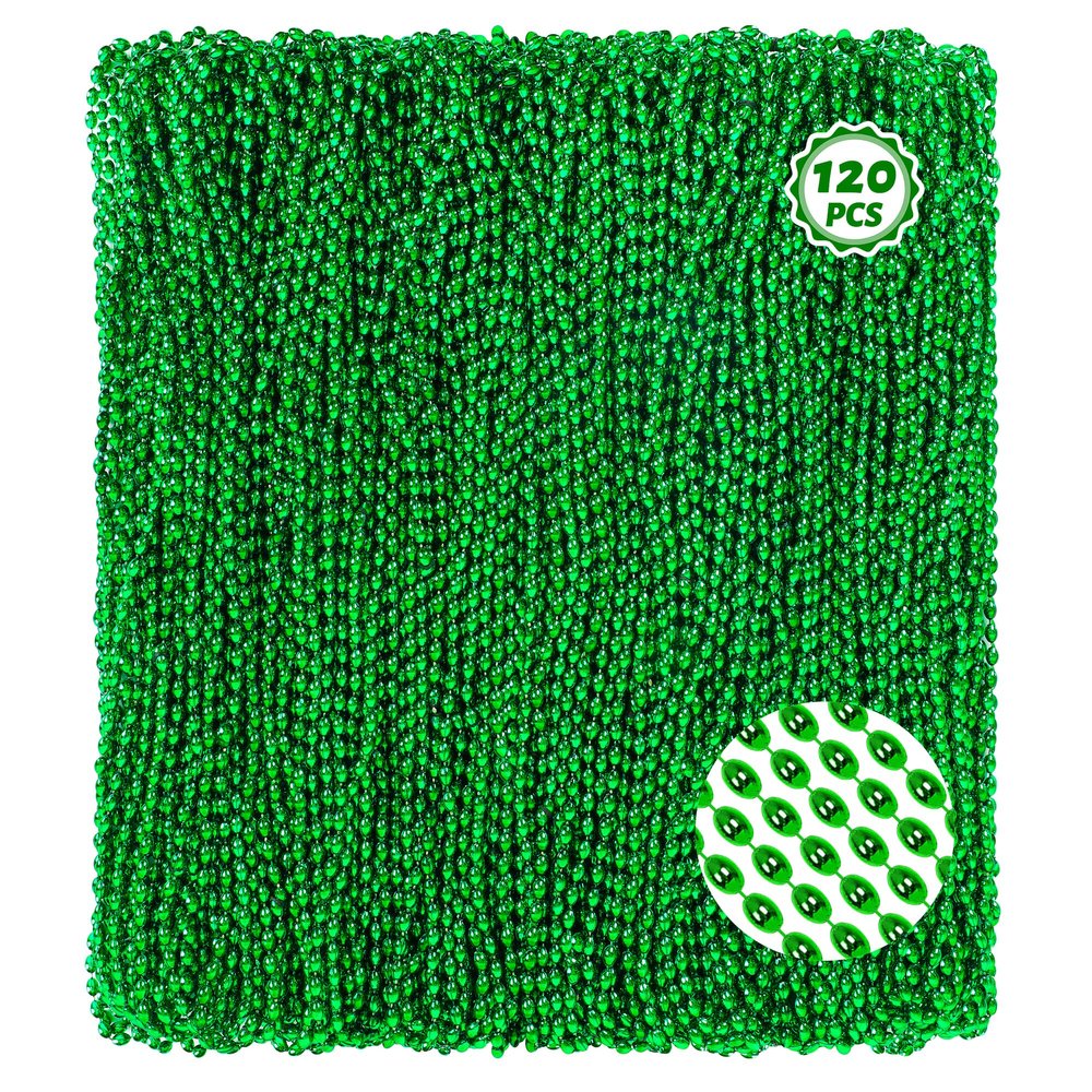 120Pcs Green Mardi Gras Beads Necklaces, 33 Inch Oval Beads Necklace St Patricks Day Accessories, Green Beaded Necklace Mardi Gras Favors Carnival Theme Party Decorations Christmas Party Favors