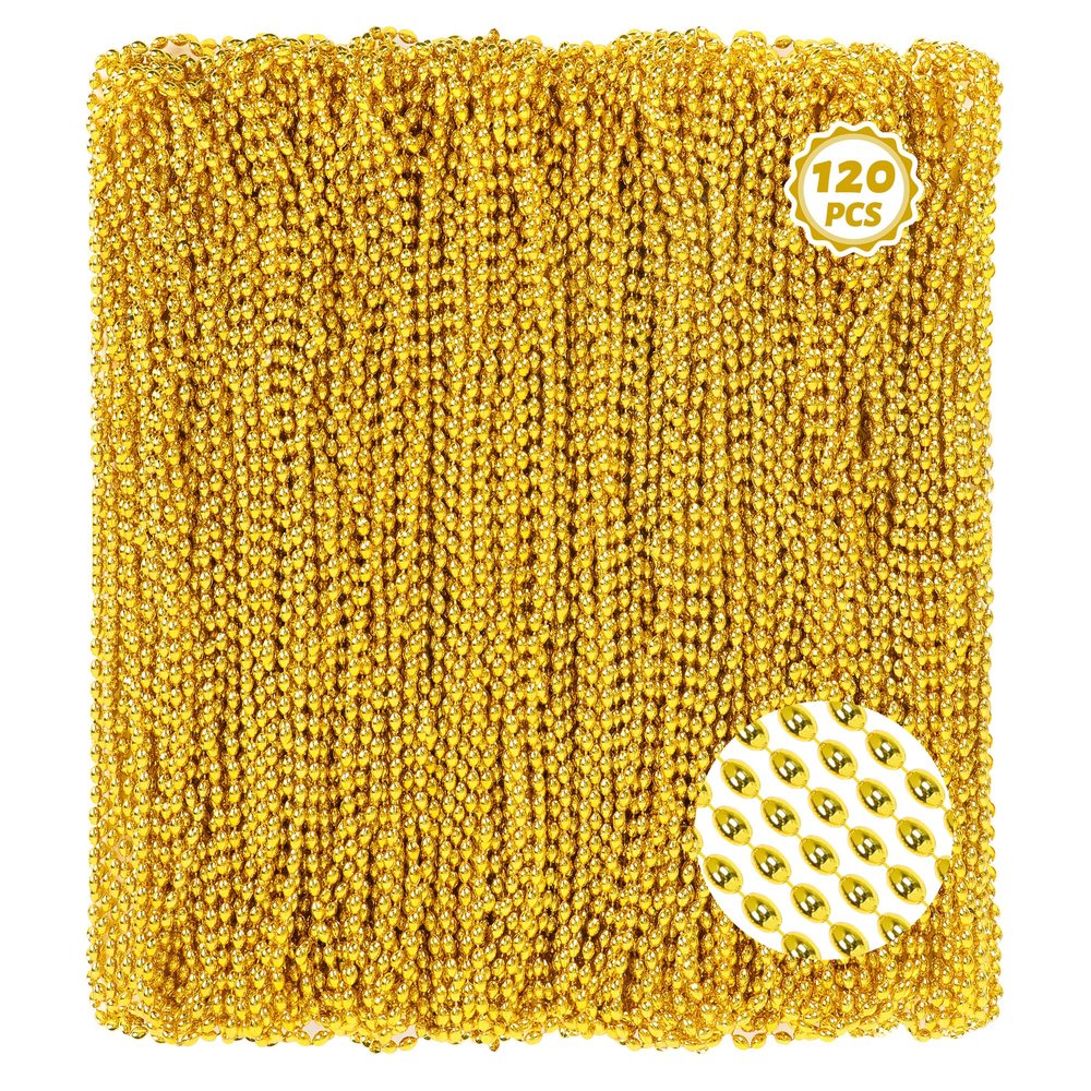 Huskein 120Pcs Gold Mardi Gras Beads Necklaces, 33 Inch Oval Beads Necklaces Gold Accessories, Christmas New Years Eve Party Favors, Mardi Gras Favors New Years Supplies Christmas Decorations