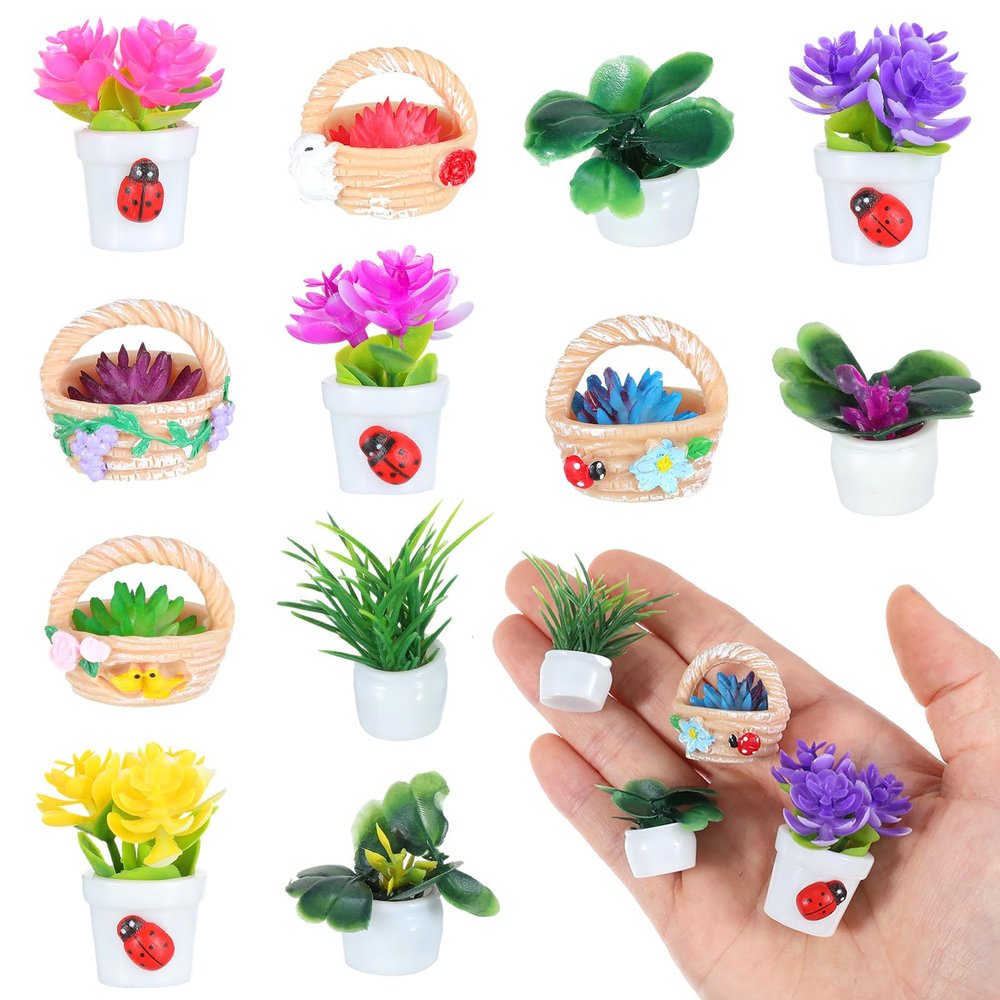 12 PCS Mini Dollhouse Accessories Potted Plants, Miniature Plants for Doll House Tiny Fake Greenery Bonsai Ornament Crafts for Adults Dollhouse Decoration and DIY Handicrafts