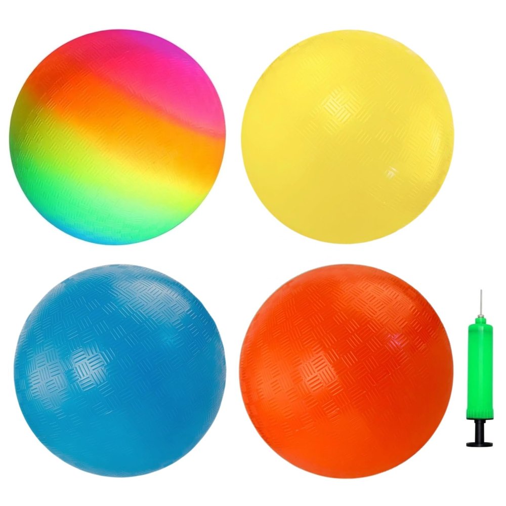 YNHFIFI 4 Pack Playground Ball, 8.5 Inch Rainbow Kickball for Kids Adults Indoor & Outdoor Dodgeball Handball Four Square Ball Schoolyard Game with Hand Pump