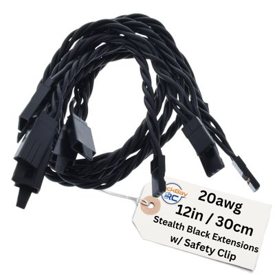 BackBay R/C 30CM / 12in 20awg Twisted Servo Extension Cable w/Safety Clip - All Black/Stealth Series - 100 Strands for RC Planes, Drones, Trucks, E-Bikes - 11 Lengths / 5 Wires Per Pack