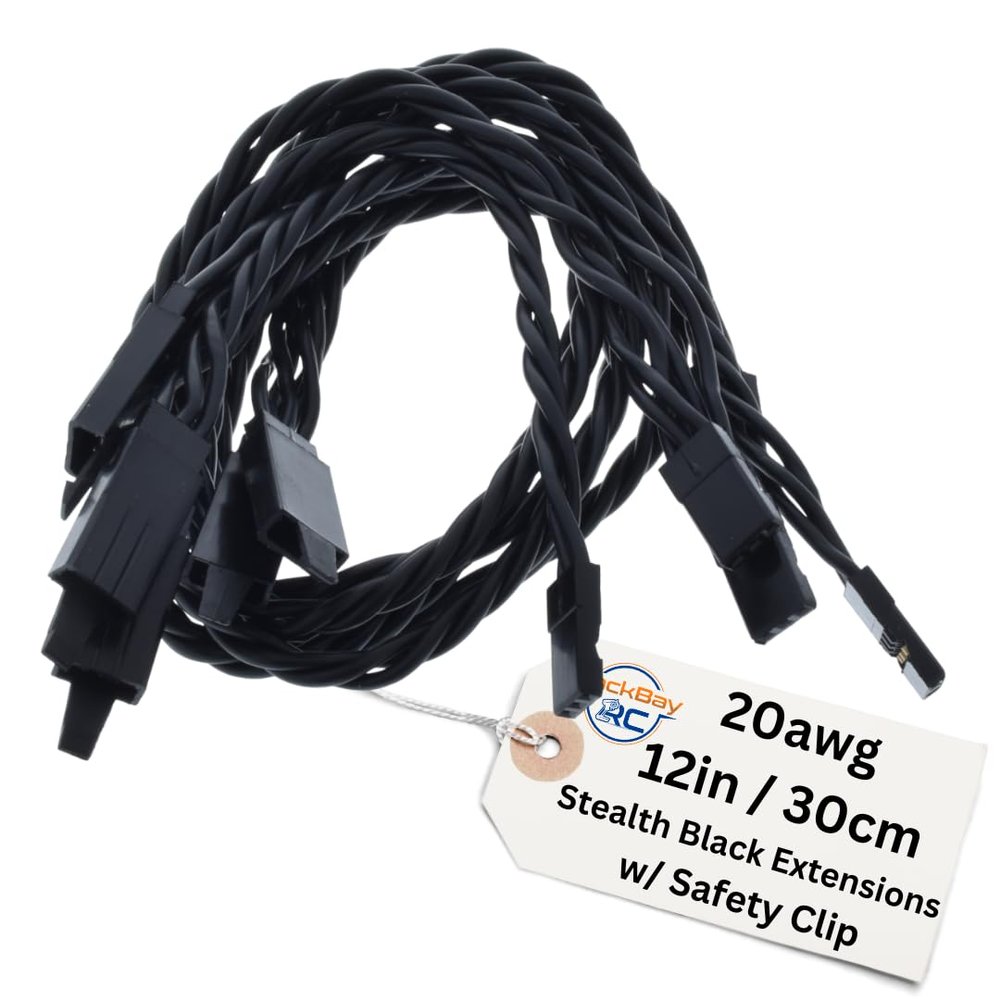 BackBay R/C 30CM / 12in 20awg Twisted Servo Extension Cable w/Safety Clip - All Black/Stealth Series - 100 Strands for RC Planes, Drones, Trucks, E-Bikes - 11 Lengths / 5 Wires Per Pack