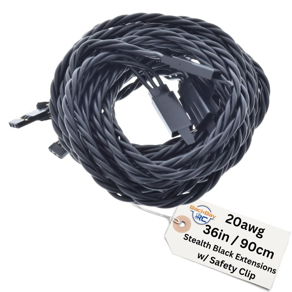 BackBay R/C 90CM / 36in 20awg Twisted Servo Extension Cable w/Safety Clip - All Black/Stealth Series - 100 Strands for RC Planes, Drones, Trucks, E-Bikes - 11 Lengths / 5 Wires Per Pack