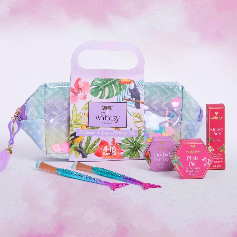 5-Piece Organic Makeup Kit for Girls, Preteens & Teens | Safe & Skin-Friendly Beauty Set | Non-Toxic Real Toy Makeup | Eye Glitter, Lip Cheek Tint, Kids Lip Gloss & Mermaid Brushes
