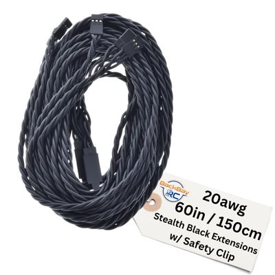 BackBay R/C 150CM / 60in 20awg Twisted Servo Extension Cable w/Safety Clip - All Black/Stealth Series - 100 Strands for RC Planes, Drones, Trucks, E-Bikes - 11 Lengths / 5 Wires Per Pack
