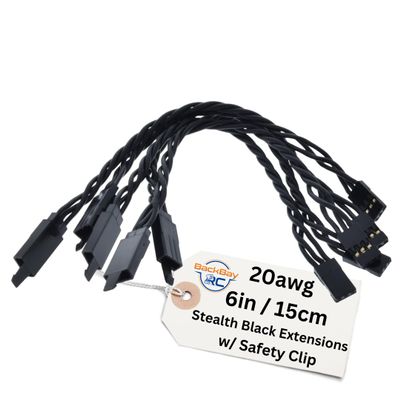 BackBay R/C 15CM / 6in 20awg Twisted Servo Extension Cable w/Safety Clip - All Black/Stealth Series - 100 Strands for RC Planes, Drones, Trucks, E-Bikes - 11 Lengths / 5 Wires Per Pack