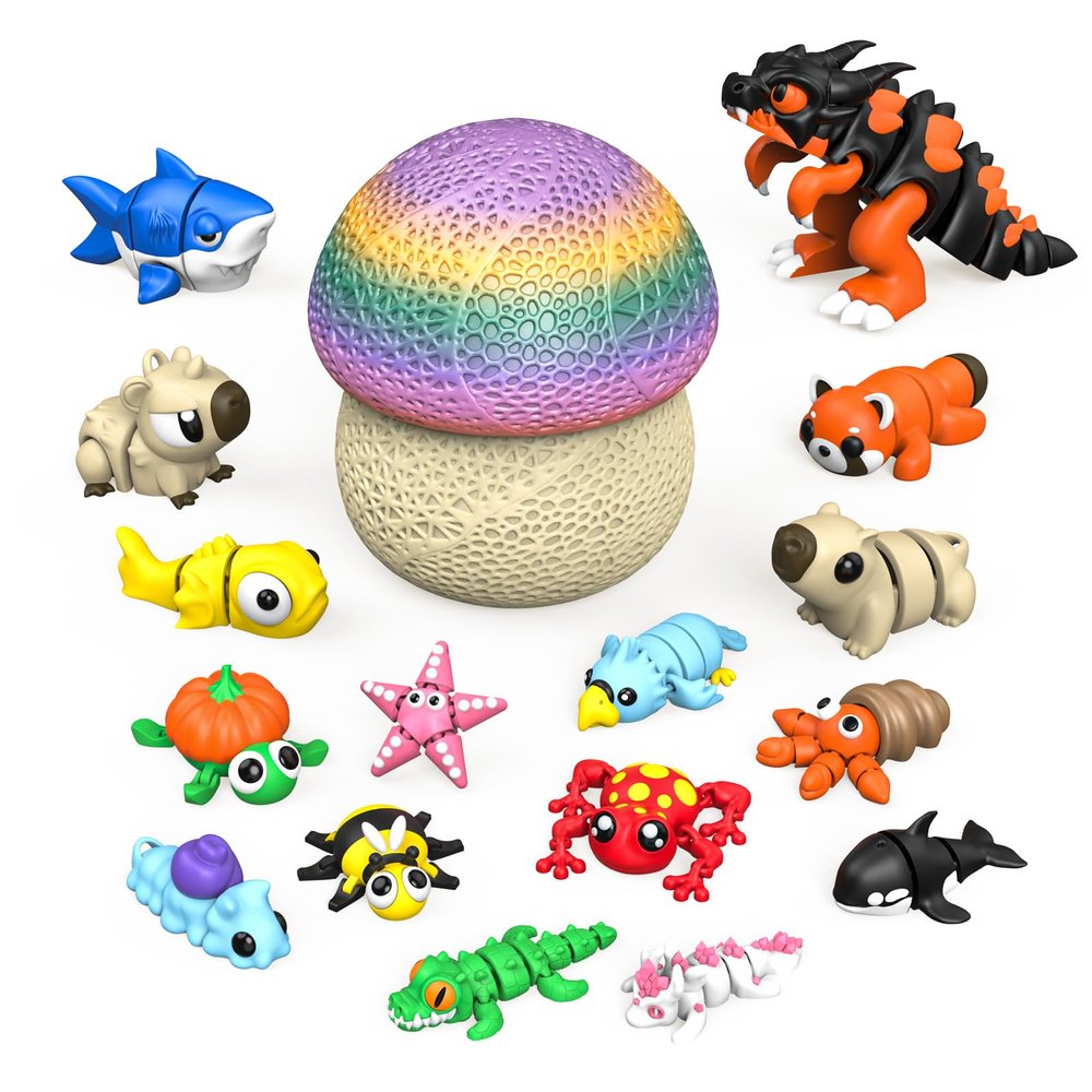 17PCS 3D Printed Animal Figurines Set with Mushroom Container - 16 Unique Articulated Animals, Fidget Toys for Stress Relief, Party Favors, Desk Decor & Gifts for Kids & Adults (17PCS Colour)