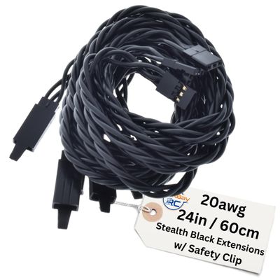 BackBay R/C 60CM / 24in 20awg Twisted Servo Extension Cable w/Safety Clip - All Black/Stealth Series - 100 Strands for RC Planes, Drones, Trucks, E-Bikes - 11 Lengths / 5 Wires Per Pack