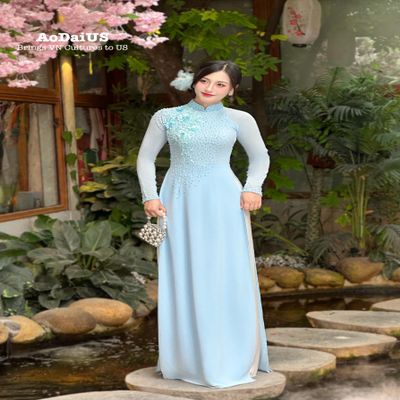 A51 Blue Ao Dai with 3D Floral Embellishments and Crystals No Pants | Traditional Vietnamese Ao Dai | Bridal Ao Dai | Vietnamese Dress For Women | Ao Dai Tet (XL)