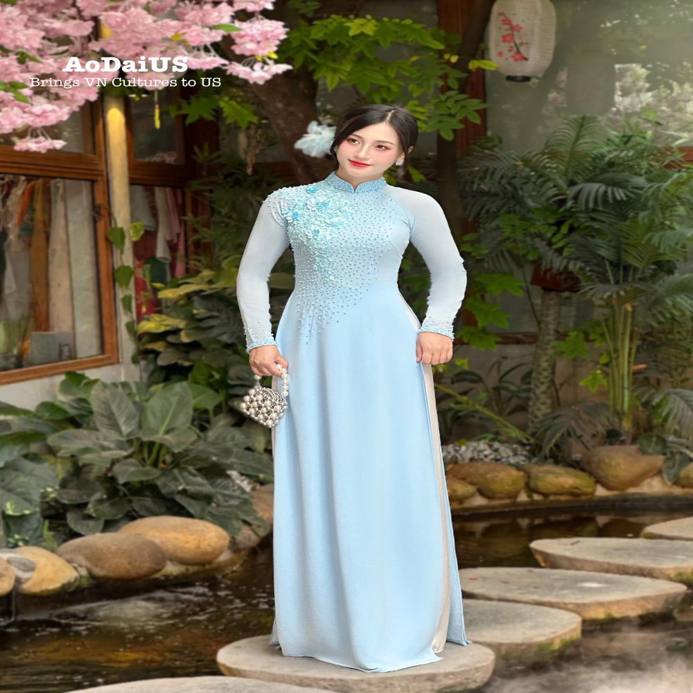 A51 Blue Ao Dai with 3D Floral Embellishments and Crystals No Pants | Traditional Vietnamese Ao Dai | Bridal Ao Dai | Vietnamese Dress For Women | Ao Dai Tet (XL)