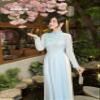 A51 Blue Ao Dai with 3D Floral Embellishments and Crystals No Pants | Traditional Vietnamese Ao Dai | Bridal Ao Dai | Vietnamese Dress For Women | Ao Dai Tet (XL) view 3