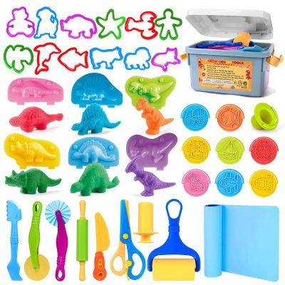 VConejo Dough Tools Play Sets for Kids, 37pcs Clay and Dough Accessories with Storage Container, Mat, Cutters, Rolling Pins, Safety Scissors, Stamps, Animal and 3D Dino Makers for Boys Girls