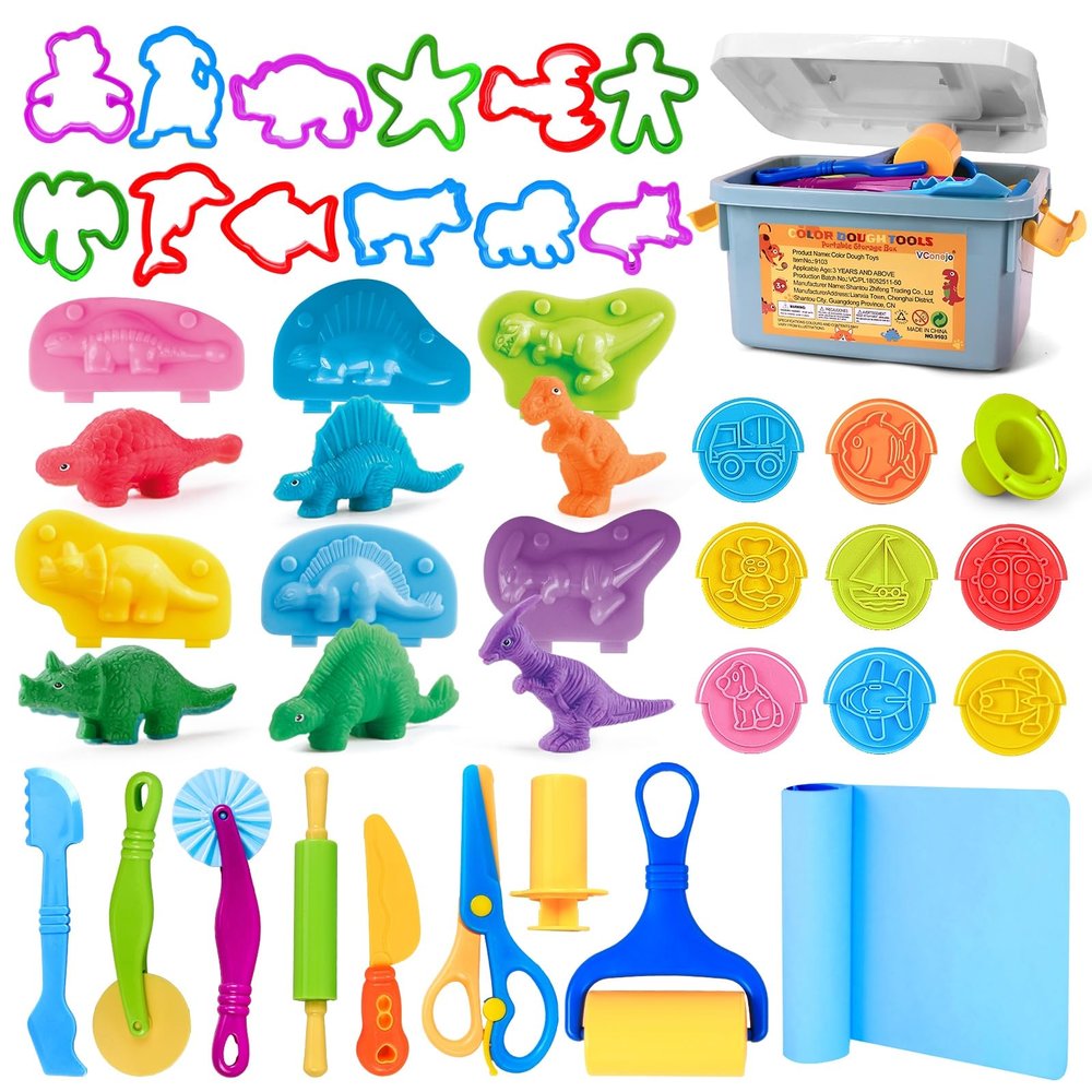 VConejo Dough Tools Play Sets for Kids, 37pcs Clay and Dough Accessories with Storage Container, Mat, Cutters, Rolling Pins, Safety Scissors, Stamps, Animal and 3D Dino Makers for Boys Girls