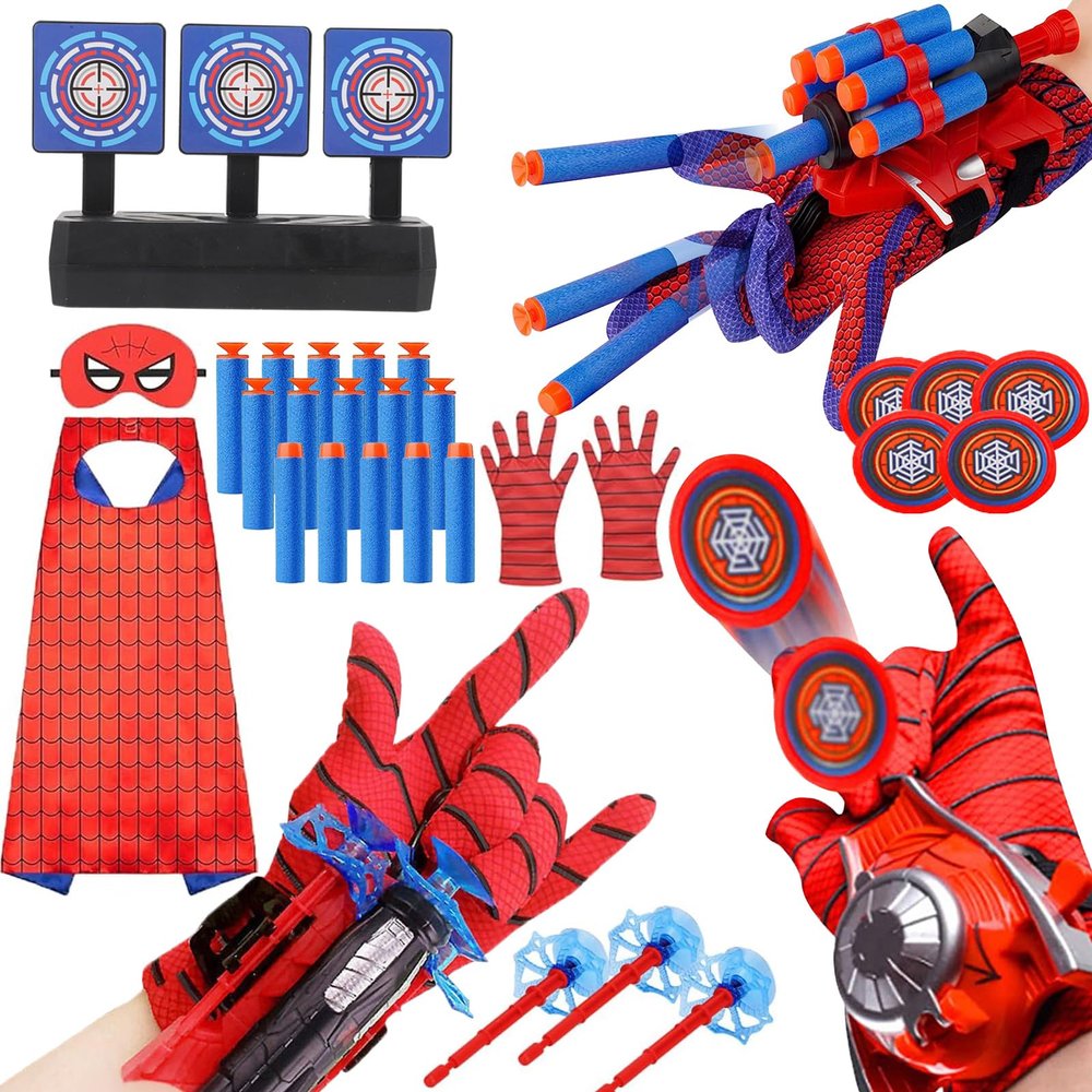 3 Sets Spider Web Shooters Valentines Day for Kids Easter Basket Stuffers Wrist Launcher Toys with Hero Gloves Auto Resetting Boards Spider Cape and Mask Cosplay Costume for Kids Birthday Party