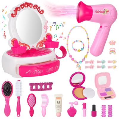 VGOFUN Toddler Vanity Hair Salon Toys for Girls, 27pcs Beauty Salon Playset Kids Pretend Makeup Mini Dressing Table Toy with Mirror & Light, Hairdryer and Styling Accessories Girls Gift for Christmas