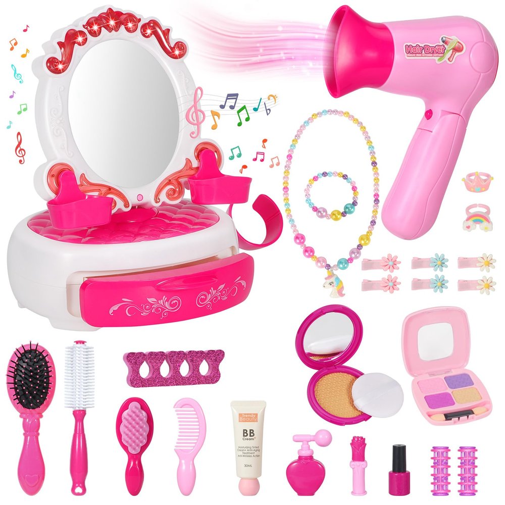 VGOFUN Toddler Vanity Hair Salon Toys for Girls, 27pcs Beauty Salon Playset Kids Pretend Makeup Mini Dressing Table Toy with Mirror & Light, Hairdryer and Styling Accessories Girls Gift for Christmas