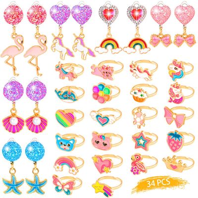 Adjustable Kids Jewelry for Girls in Box, No Duplication Clip on Earrings, Pretend and Dress Up Jewelry for Toddler Age 3-4, Princess Party Favors, Birthday Gifts for 3 4 5 6 7 8 9 Year Old Girls
