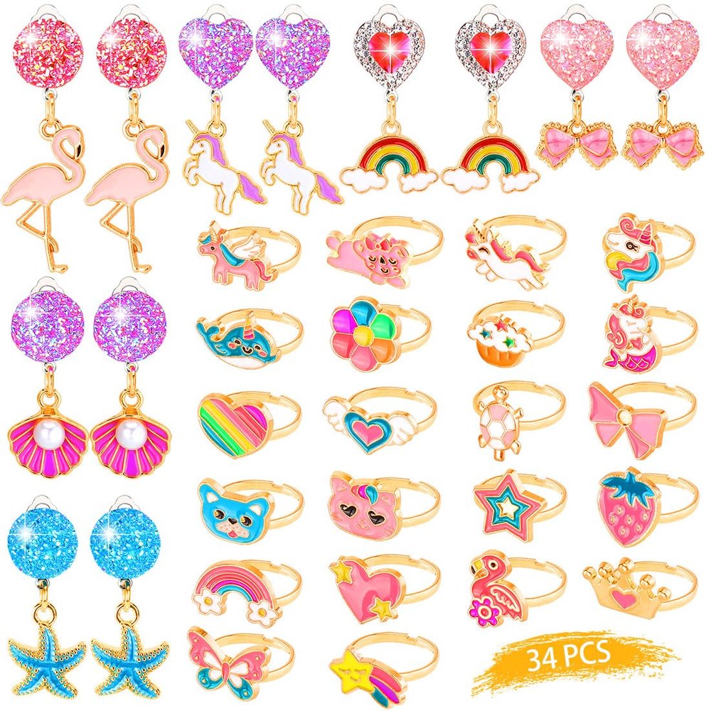 Adjustable Kids Jewelry for Girls in Box, No Duplication Clip on Earrings, Pretend and Dress Up Jewelry for Toddler Age 3-4, Princess Party Favors, Birthday Gifts for 3 4 5 6 7 8 9 Year Old Girls