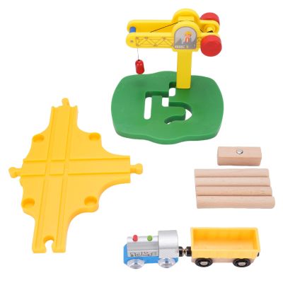 Alomejor Wooden Track Set,Crane Tower Toy with 8 Toys Compatible with The Engine Truck Toy Toddlers Boys Children