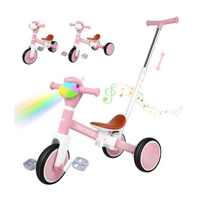 5-in-1 Toddler Tricycle with Lights & Music, Adjustable Push Kids Bike for 1-5 Year Olds, Toddler Balance Bike & Tricycle for Boys & Girls, Birthday Gift for 1 2 3 4 5 Year Old Kids (Pink)