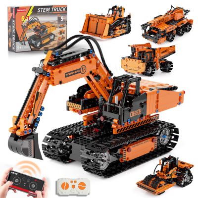 5in1 STEM Building Kits for Kids, STEM Building Toys for Kid, Remote & APP Controlled Excavator/Crane/Bulldozer/Road Roller/Dump Trucks Building Blocks Set for Boys Girls Birthday Xmas Idea Gifts