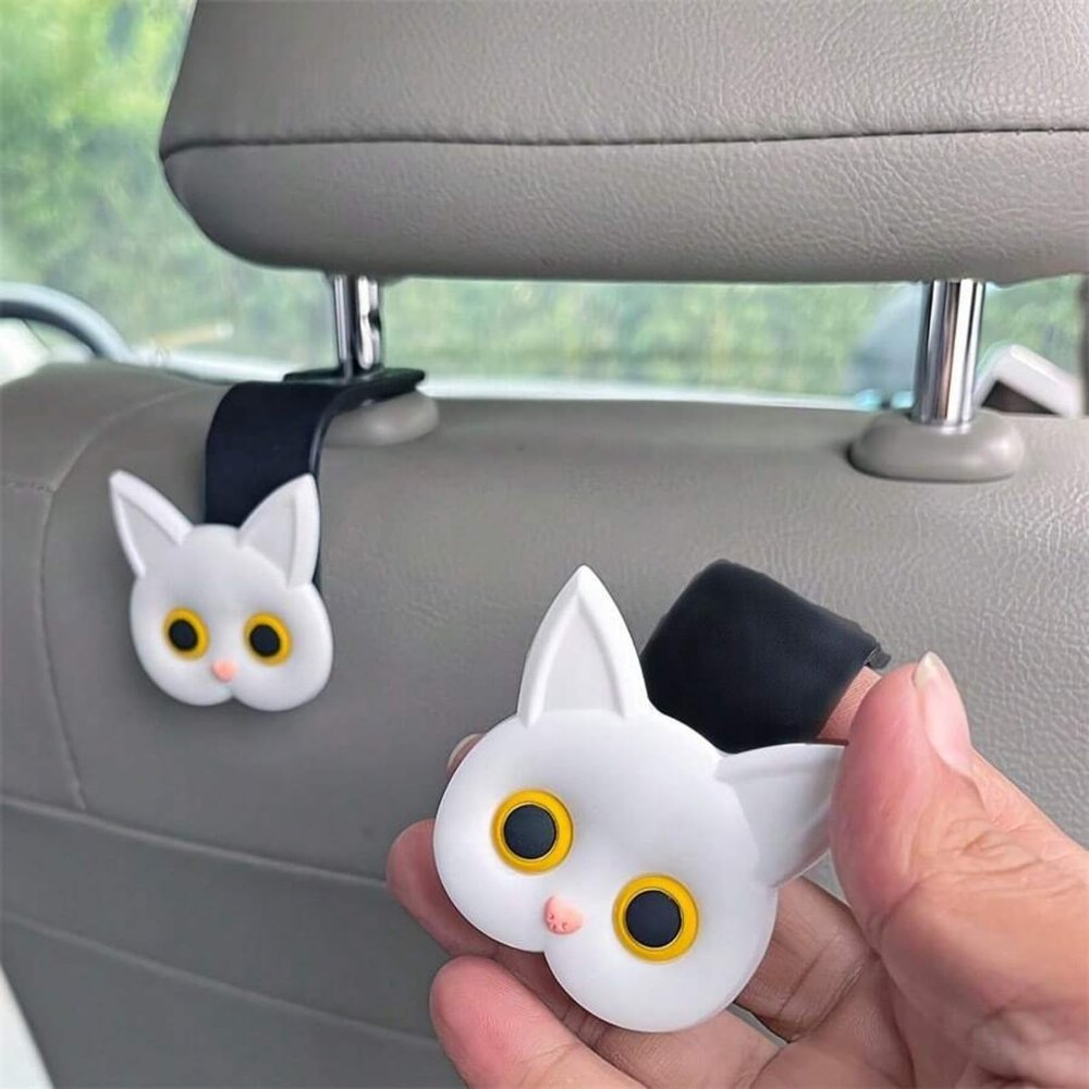 2PCS 3D Cartoon Cat Car Seat Headrest Hooks  Universal Hangers for Handbags, Coats & Accessories, Cute Organizer (4Pcs White)