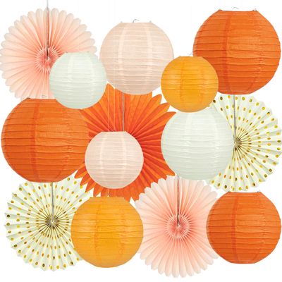 15Pcs Autumn Pink and Orange Party Decorations, Hanging Orange Paper Lanterns Honeycomb Paper Fans Triangle Flag Banner for Girls Women Baby Shower One Sweet Peach Birthday Thanksgiving Party Decor