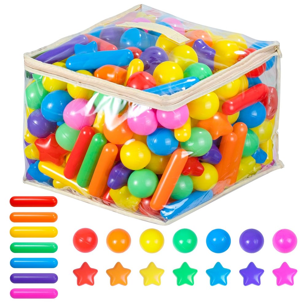 Ball Pit Balls for Kids, Pool Toys Thicken Soft Plastic Balls for Ball Pit BPA Free Toddler Toy 3 Shapes (Balls, Star, Stick) Mixed Rainbow 200pcs