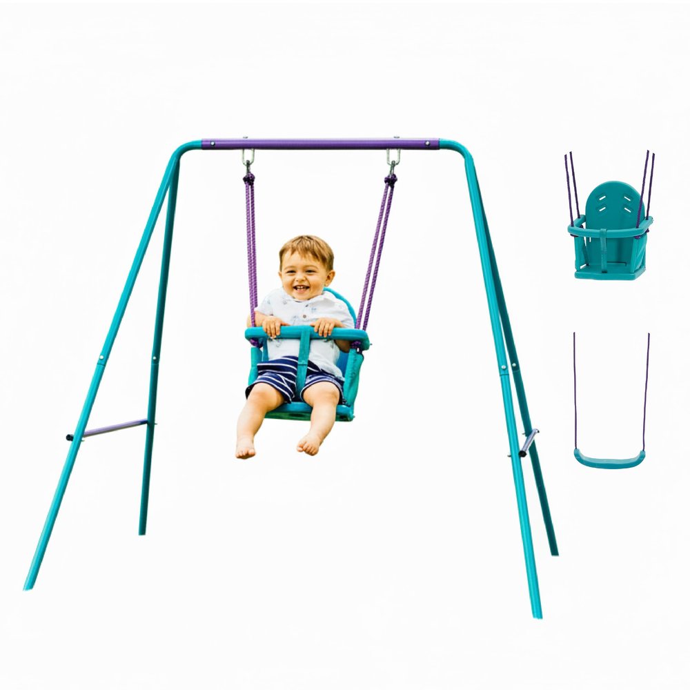 Plum 2 in 1 Toddler Swing Sets For Backyard, Baby Swing Outdoor/Indoor Playground, Bucket Swing Seat with Adjustable Rope and Safety Harnesss, Sturdy, Easy Assembly, Ages 12 Months and Up, Purple/Teal