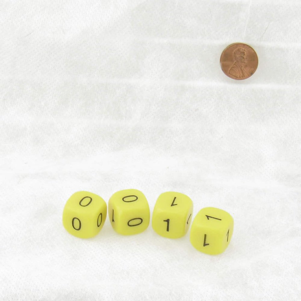 Binary Yellow Opaque Dice Black Numbers 0-1 3 Times D6 16mm Pack of 4 Dice Wondertrail