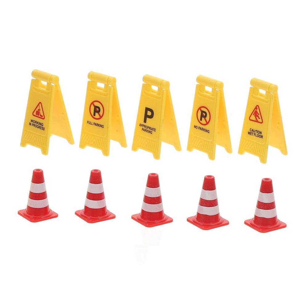 SKISUNO 10pcs Miniature Traffic Cones and Signs Early Learning Road Construction Props for DIY Table Scenes and Traffic Education