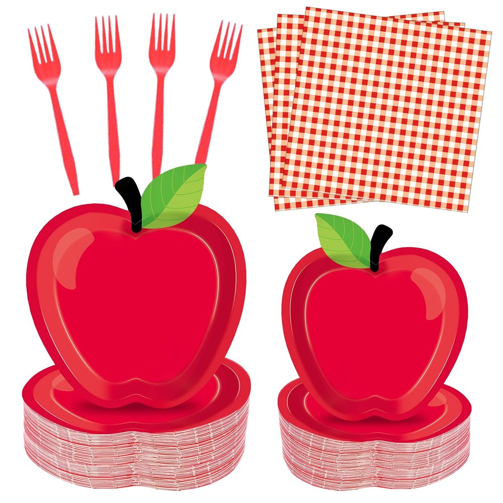 100 Pcs Apple Party Supplies Set, Serves 25  Disposable Apple-Shaped Paper Plates, Red Gingham Napkins, and Forks, Fruit Themed Tableware for Teacher Appreciation, and Back to School Decorations