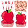 100 Pcs Apple Party Supplies Set, Serves 25  Disposable Apple-Shaped Paper Plates, Red Gingham Napkins, and Forks, Fruit Themed Tableware for Teacher Appreciation, and Back to School Decorations view 1