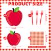 100 Pcs Apple Party Supplies Set, Serves 25  Disposable Apple-Shaped Paper Plates, Red Gingham Napkins, and Forks, Fruit Themed Tableware for Teacher Appreciation, and Back to School Decorations view 2
