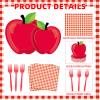 100 Pcs Apple Party Supplies Set, Serves 25  Disposable Apple-Shaped Paper Plates, Red Gingham Napkins, and Forks, Fruit Themed Tableware for Teacher Appreciation, and Back to School Decorations view 3