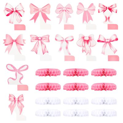 12pcs Pink Bow Honeycomb Centerpieces, Coquette Birthday Decorations 3D Cute Bow Table Toppers Decor for Bachelorette Wedding Bridal Shower Engagement Girls Party Supplies