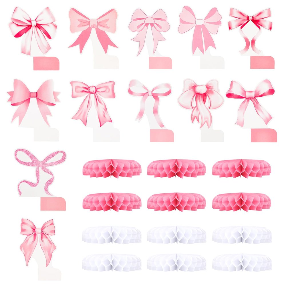 12pcs Pink Bow Honeycomb Centerpieces, Coquette Birthday Decorations 3D Cute Bow Table Toppers Decor for Bachelorette Wedding Bridal Shower Engagement Girls Party Supplies