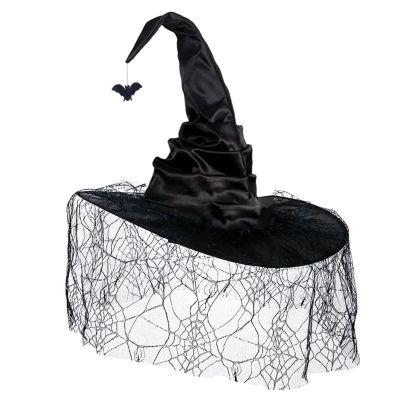 EPIPHQNY Beanie, Halloween Witch Hat with Mesh Spiderweb Wizard Hat Unisex Pointed Witch Caps Teens Cosplay Costume Headpiece