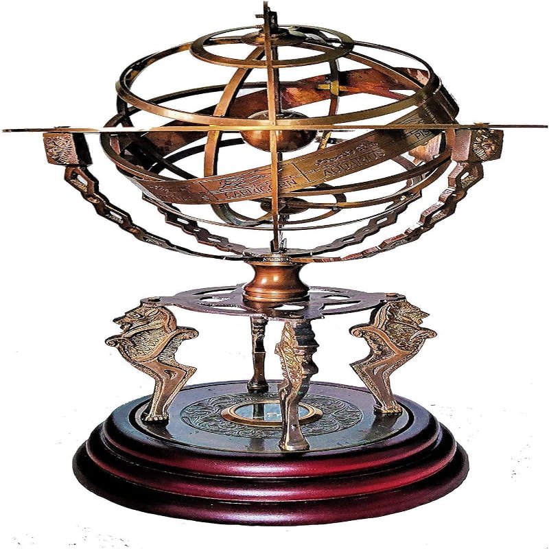 Antique Brass 18-Inch Armillary Sphere with Zodiac Engravings Celestial Globe on Wooden Base