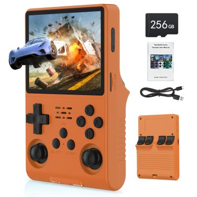 FVBADE[30000 in 1] R40S PRO Handheld Game Console 3.5 inch IPS Screen Mini Retro Console 3800mAh Portable Pocket Arcade 45+ Mainstream Emulator 256G TF Card Transparent.(Orange)