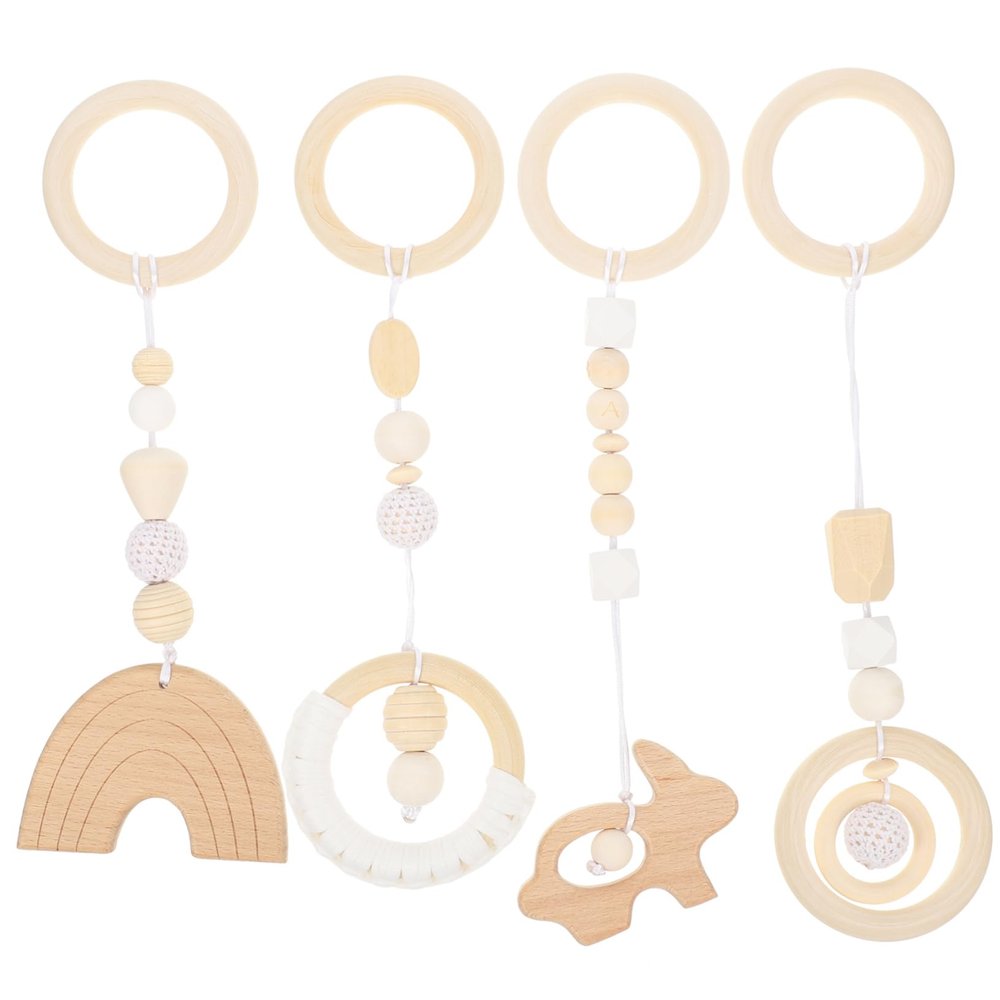 ERINGOGO Wooden Baby Rattle Bell Toys for Infants 4Pcs Baby Room Decor Hanging Pendants Newborn Gym Toys Safe and Non-Toxic Material for Nursery Decoration