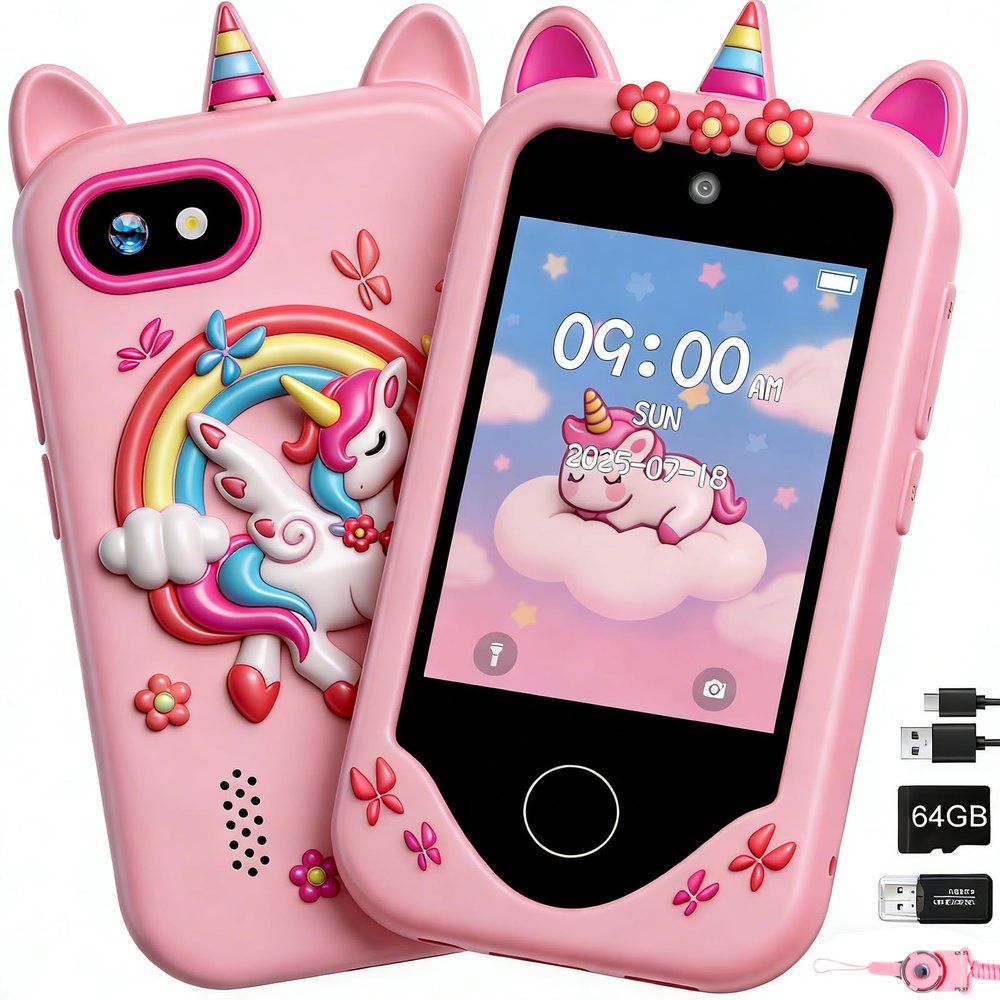 Kids Smart Phone for Girls, Touchscreen, 64GB Card Birthday Gifts for Girls Age 3, 4, 5, 6, 7, 8, 10 Year Old, Toddler Educational Learning Toys Phone with Dual Camera, Game, Music Player