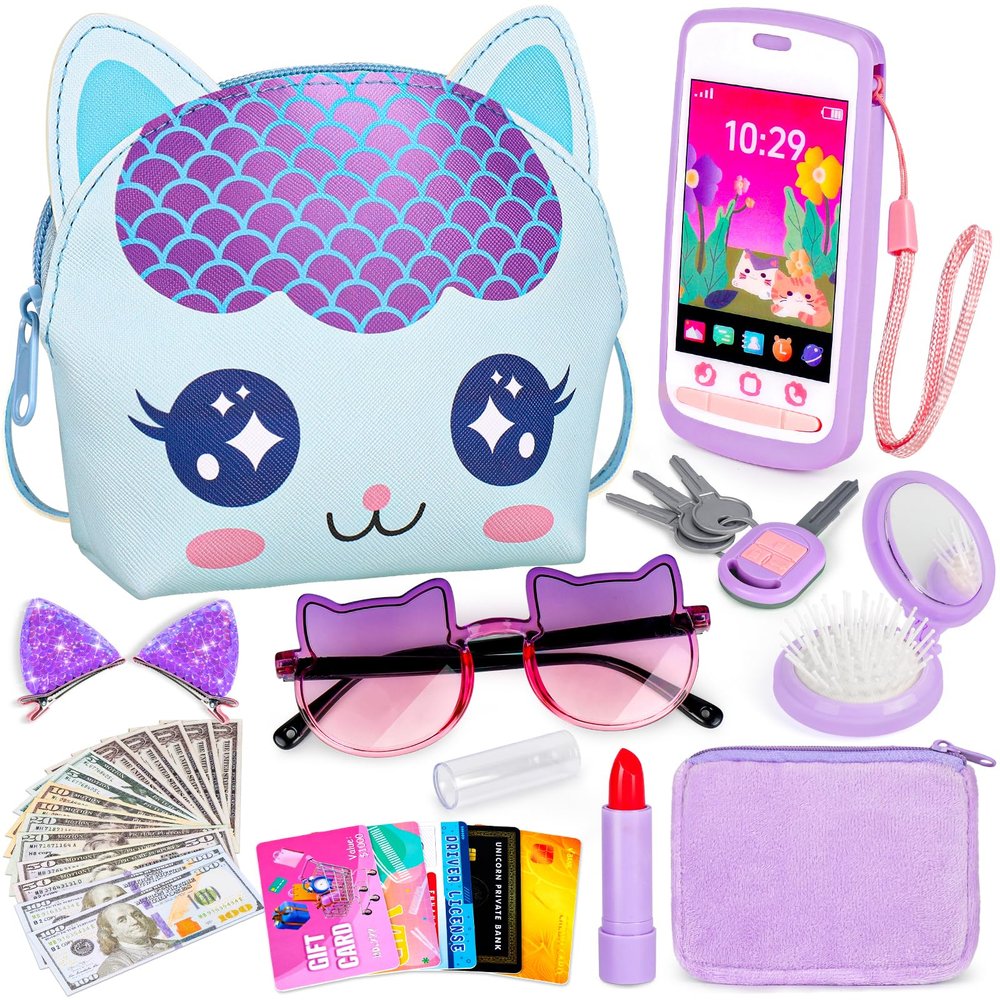 Toddler Play Purse for Little Girls, 30PCS Kids Purse with Pretend Play Princess Toys Includes Crossbody Bag, Phone, Wallet, Cat Sunglasses, Hair Clip, Kids Toy Birthday Gift Toy for Girls 3 4 5 6+