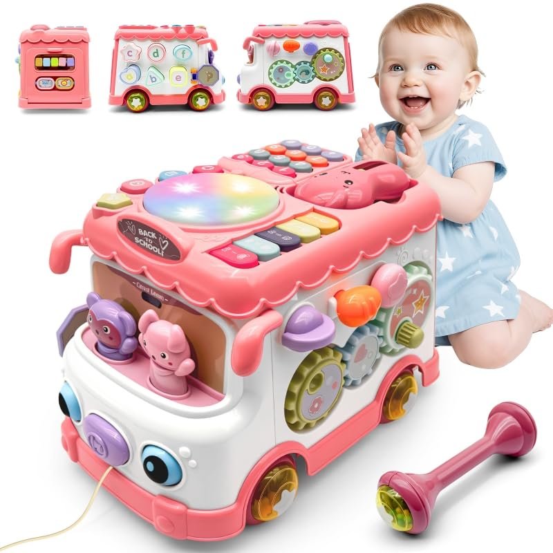 DELUTIQUE Baby Bus Toy for 1 Year Old Girl Gifts, Montessori Musical Bus Toy for Baby 12-18 Months, Baby Piano Drums for Toddlers 1-3, Shape Sort Toys 1st Birthday Gifts for Girls