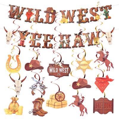 28pcs Cowboy Party Banners, Wild West Cowboy Rodeo Party Banners Hanging Swirls Western Themed Decorations for Boy Girl Birthday Baby Shower Decor Supplies