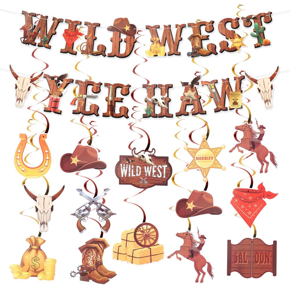 28pcs Cowboy Party Banners, Wild West Cowboy Rodeo Party Banners Hanging Swirls Western Themed Decorations for Boy Girl Birthday Baby Shower Decor Supplies