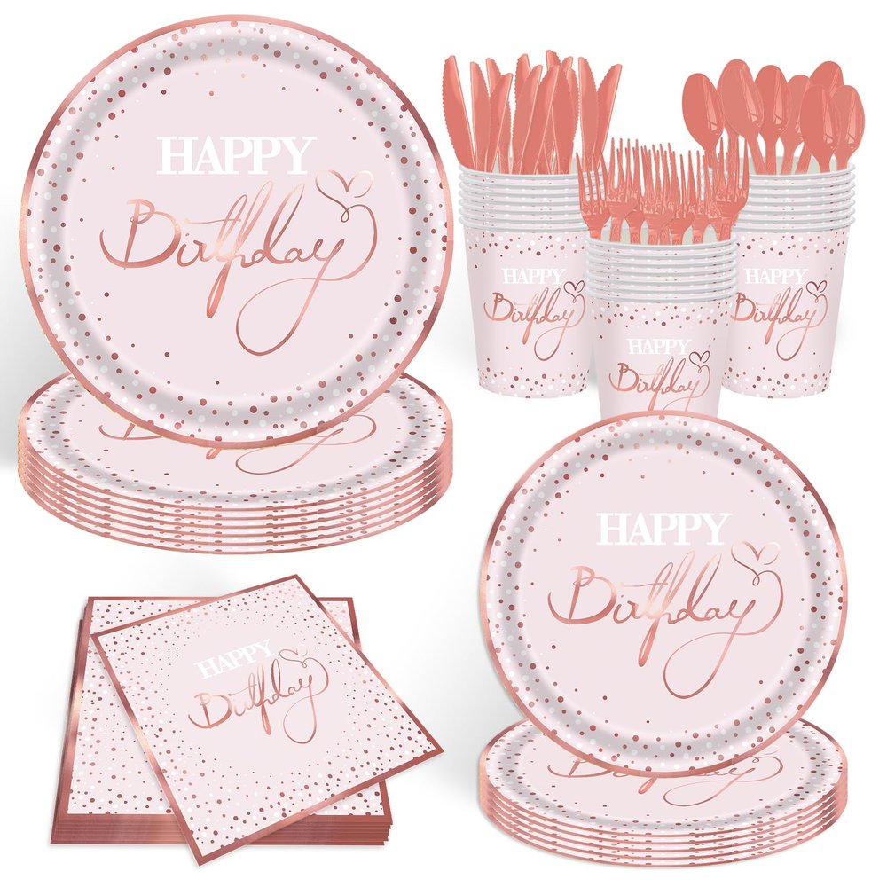 140 Pcs Pink Rose Gold Birthday Decorations for Women Golden Dot Paper Plates Napkins Cups for Baby Shower Decorations Serves 20